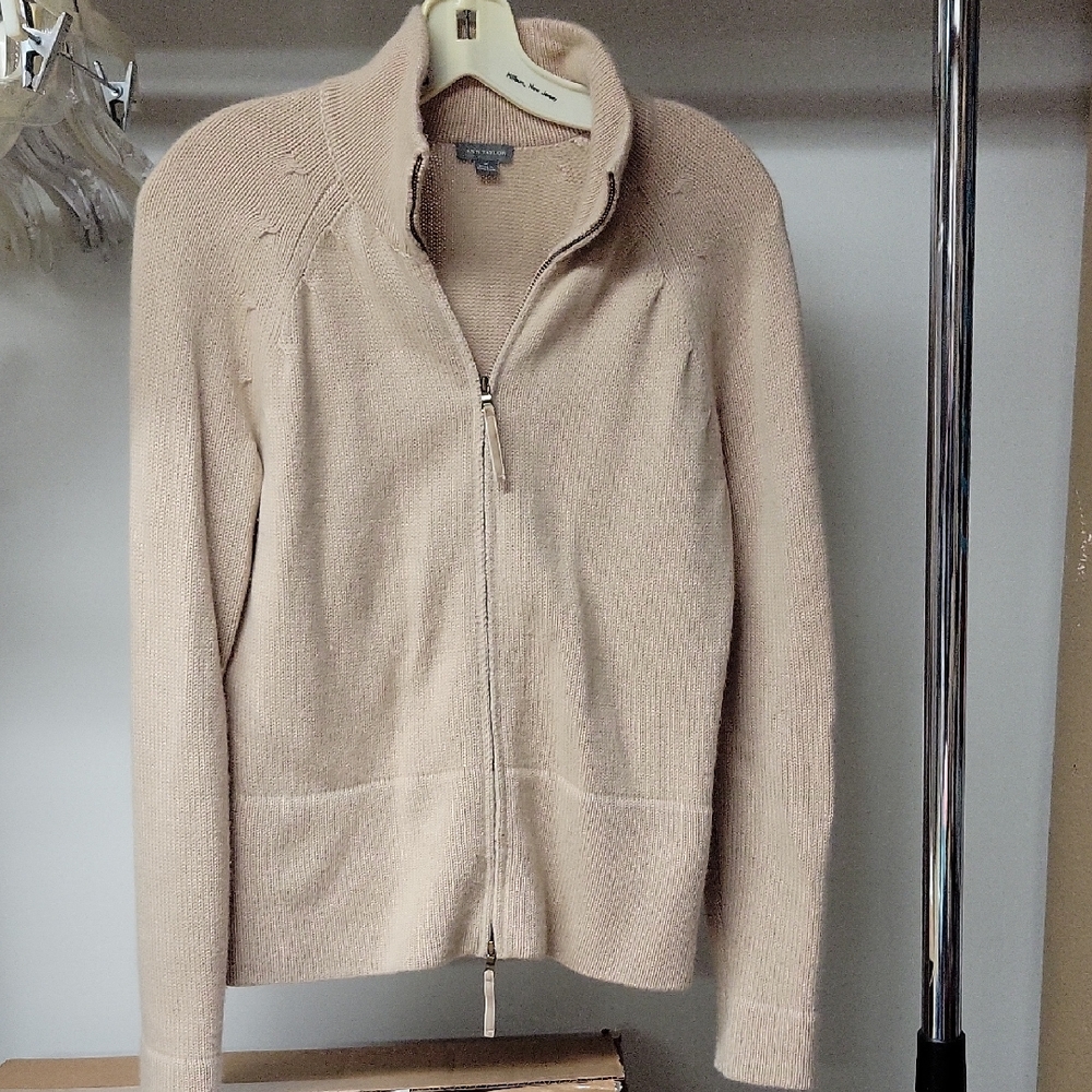 Ann Taylor Cream Knit Zip-Up Cashmere Cardigan